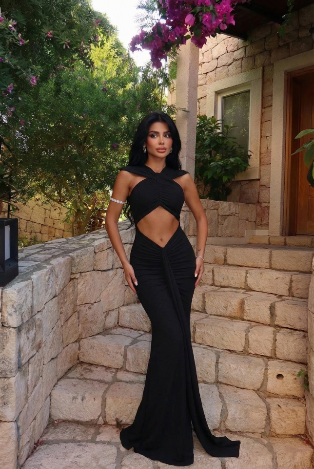 Siyah Orleans Uzun Elbise ATE-3047 