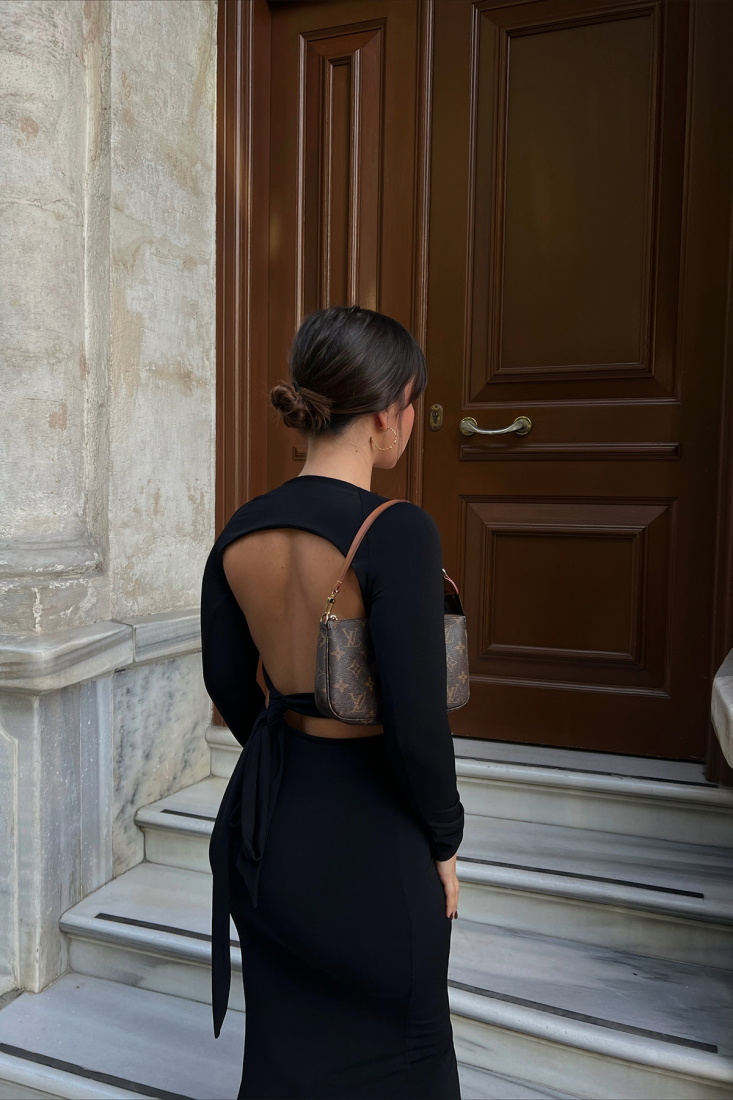 Siyah Sırtı Bağlamalı Uzun Elbise ATE2345 - EYYO