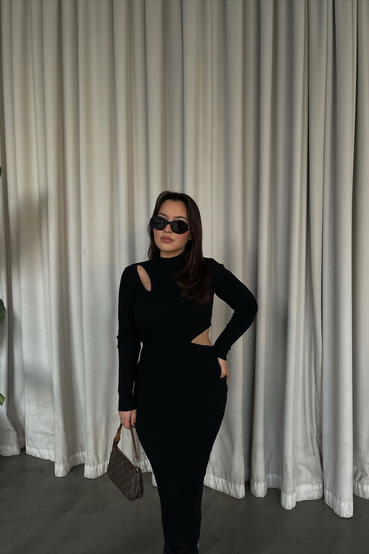 Siyah Pencere Detay Uzun Elbise ATE3198 - EYYO