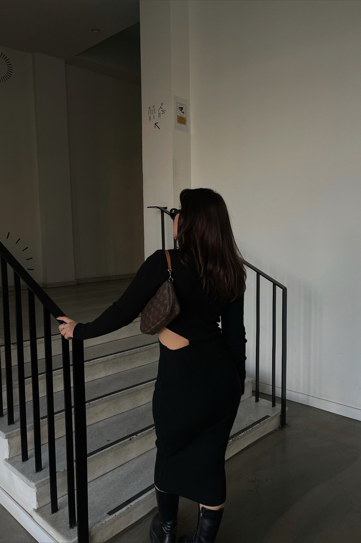 Siyah Pencere Detay Uzun Elbise ATE3198 - EYYO