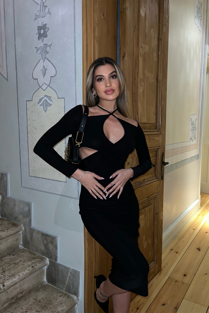 Siyah Pencere Detay Uzun Elbise ATE3865 - EYYO