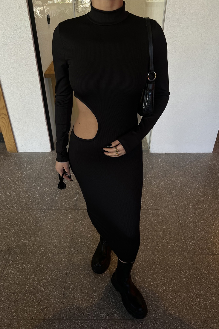 Siyah Pencere Detay Uzun Elbise ATE4011 - EYYO