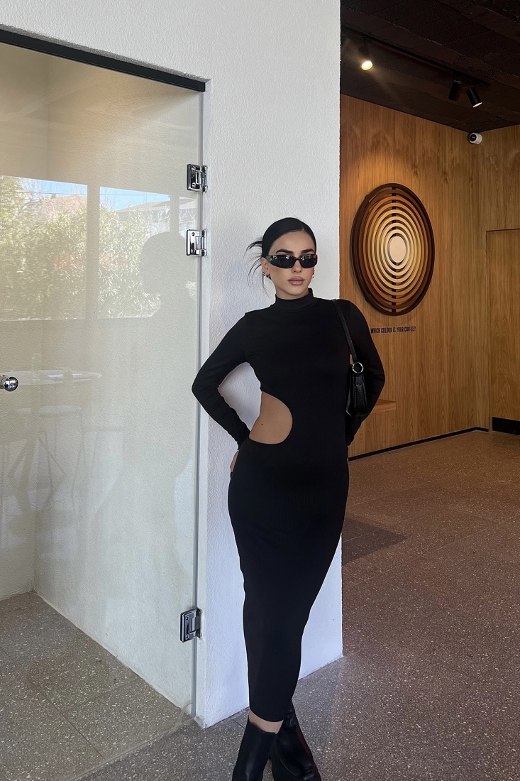 Siyah Pencere Detay Uzun Elbise ATE4011 - EYYO