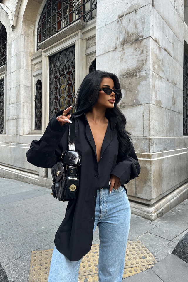Siyah Poplin Cep Detay ATE8764 - 1