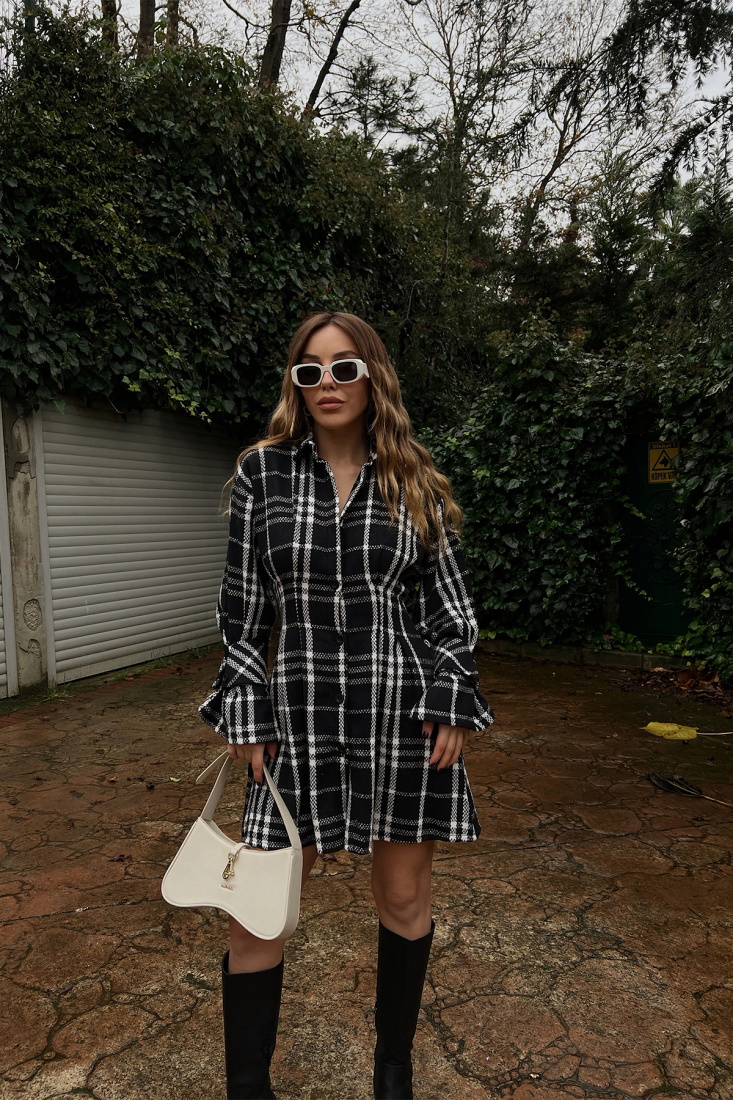 Siyah Pötikare Desen Mini Elbise ATE2451 - EYYO