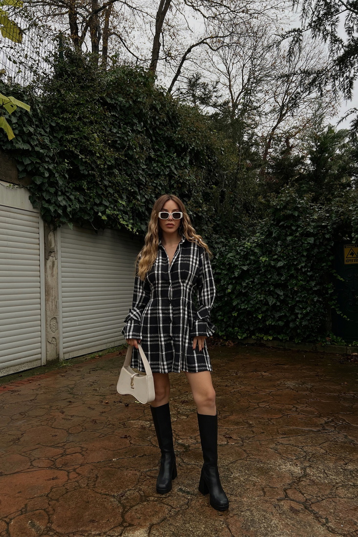 Siyah Pötikare Desen Mini Elbise ATE2451 - EYYO