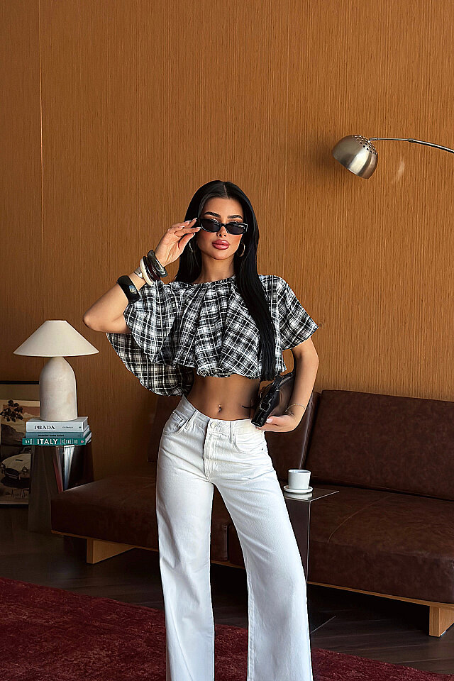 Siyah Pötikareli Crop Top ATE-5493 