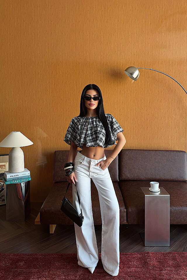 Siyah Pötikareli Crop Top ATE-5493 - 2