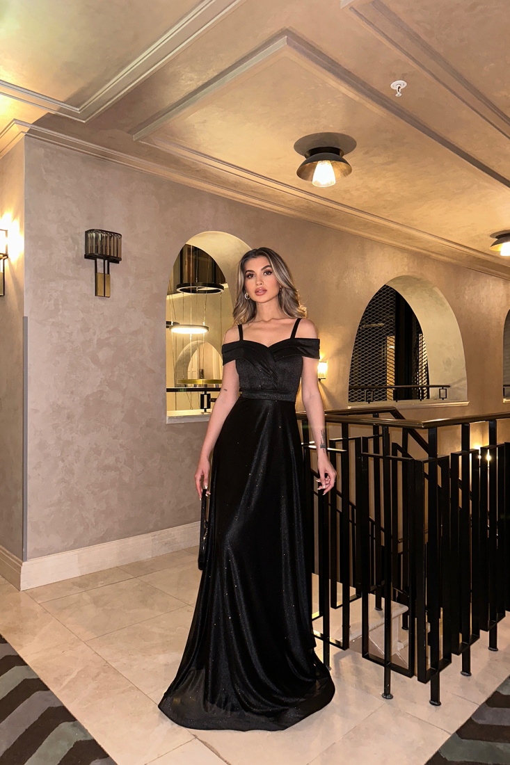 Siyah Prenses Yaka Uzun Abiye Elbise ATE6511 - EYYO