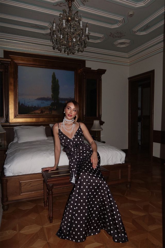 Siyah Blair Puantiyeli Gül Detayli Uzun Elbise ATE-2412 - 4