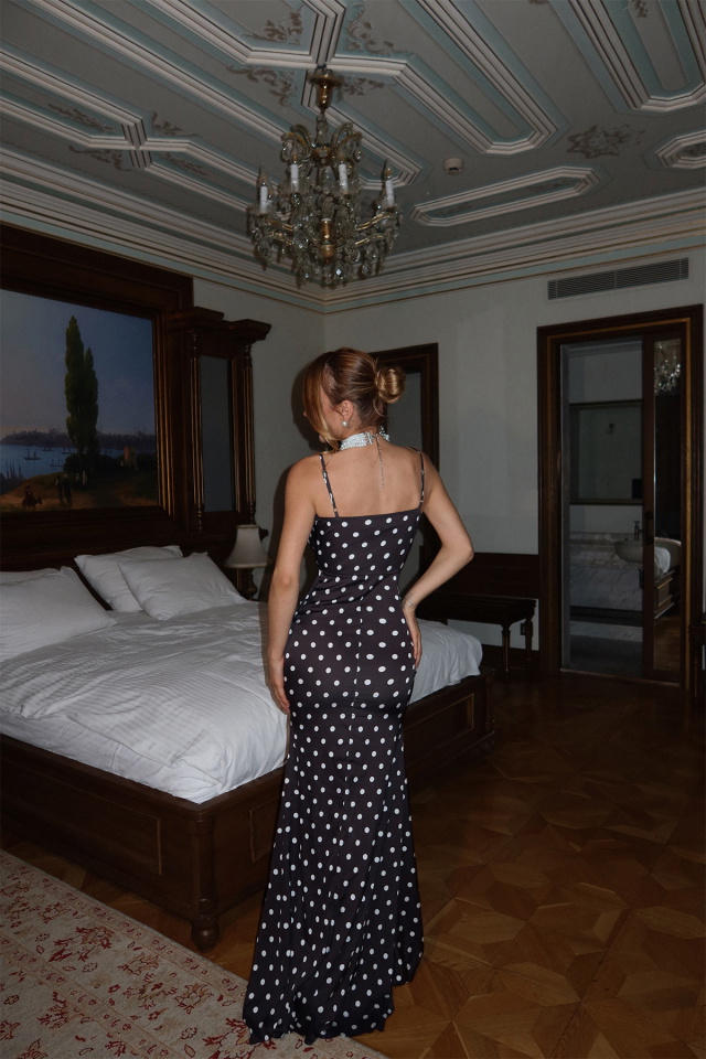 Siyah Blair Puantiyeli Gül Detayli Uzun Elbise ATE-2412 - 6