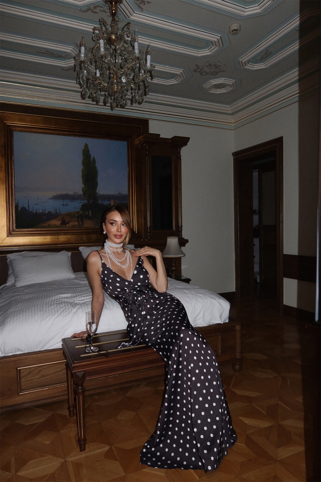 Siyah Blair Puantiyeli Gül Detayli Uzun Elbise ATE-2412 - 5