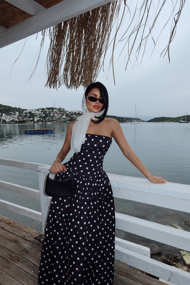 Siyah Tara Puantiyeli Uzun Elbise ATE-2506 - EYYO