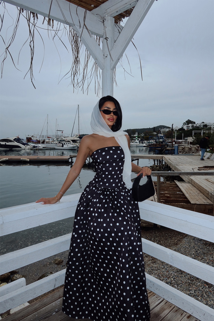 Siyah Tara Puantiyeli Uzun Elbise ATE-2506 - EYYO