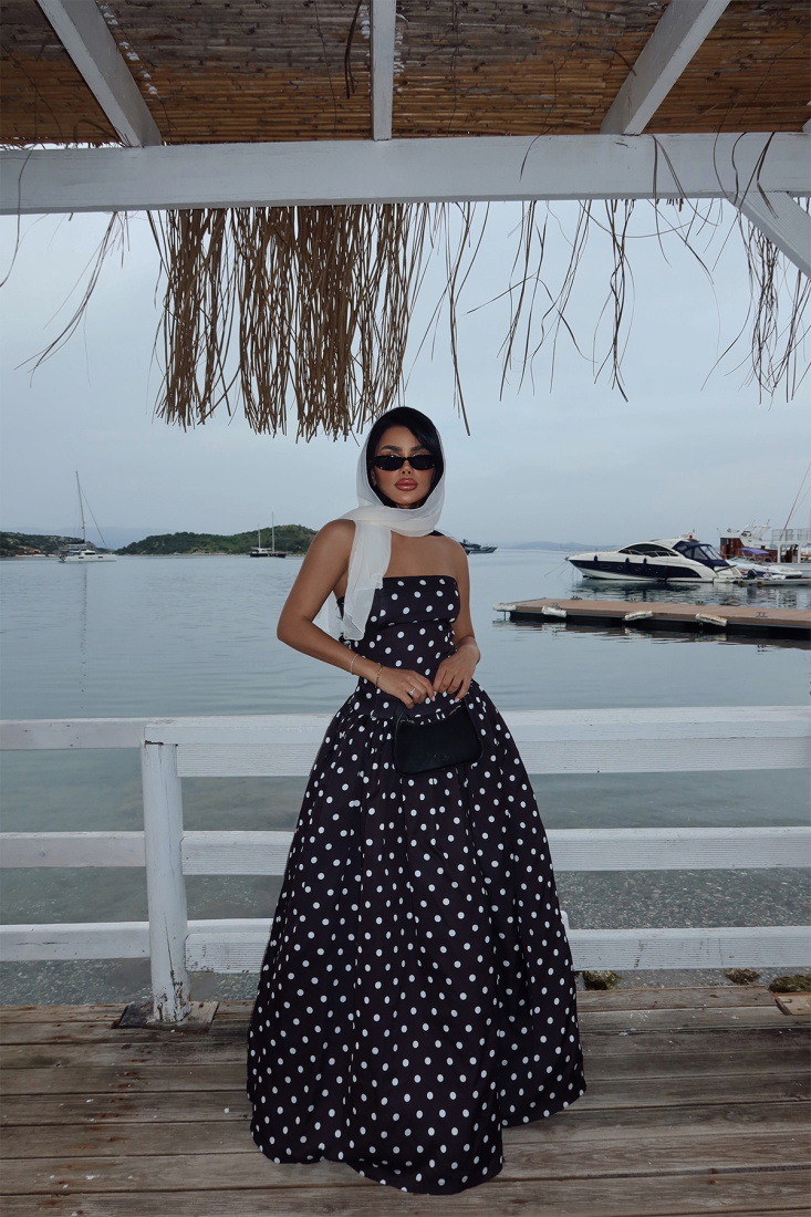 Siyah Tara Puantiyeli Uzun Elbise ATE-2506 - EYYO