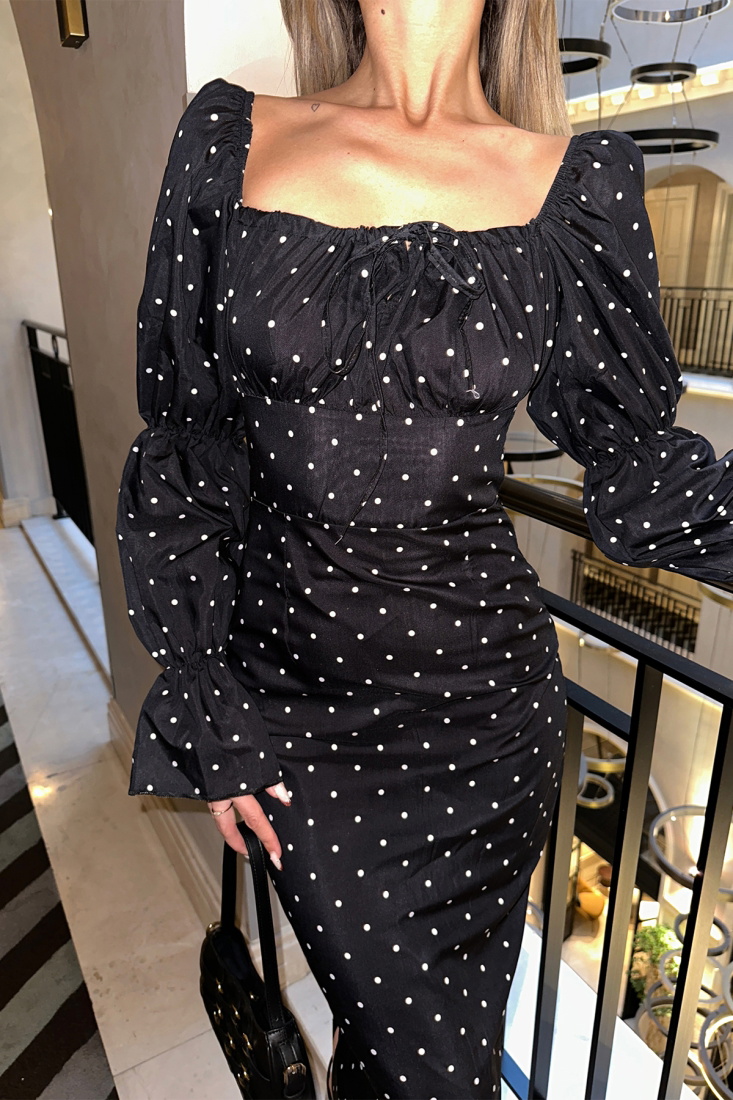 Siyah Puantiyeli Uzun Elbise ATE5232 - EYYO