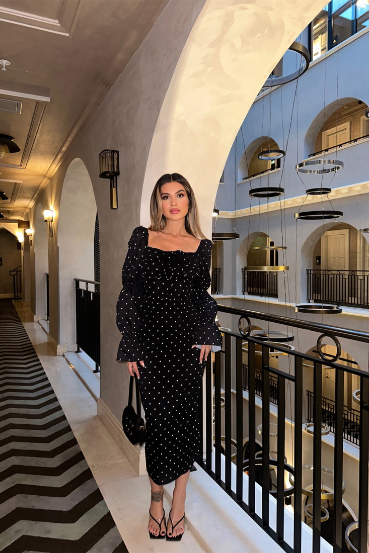 Siyah Puantiyeli Uzun Elbise ATE5232 - EYYO