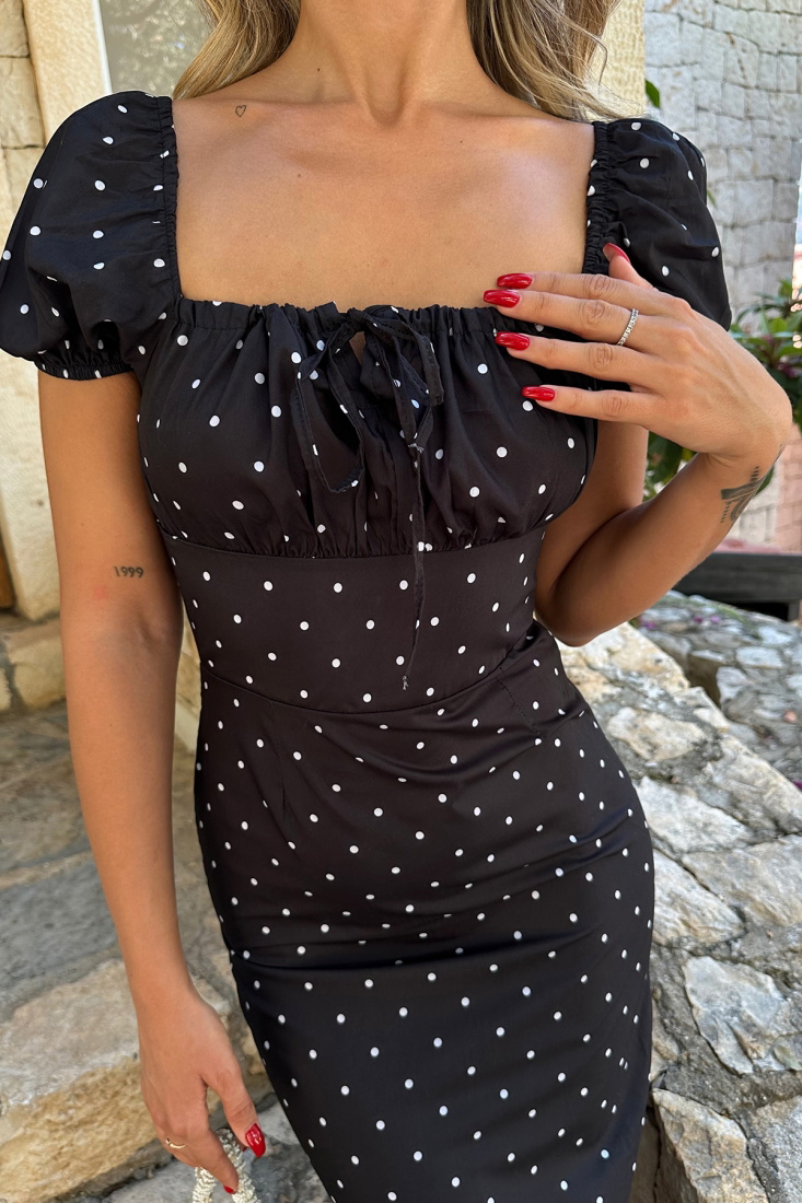 Siyah Puantiyeli Uzun Elbise ATE7829 - EYYO