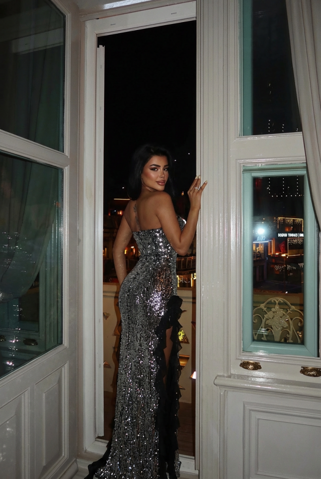 Siyah Paxton Payetli Uzun Yırtmaçlı Elbise ATE-2613 - 2