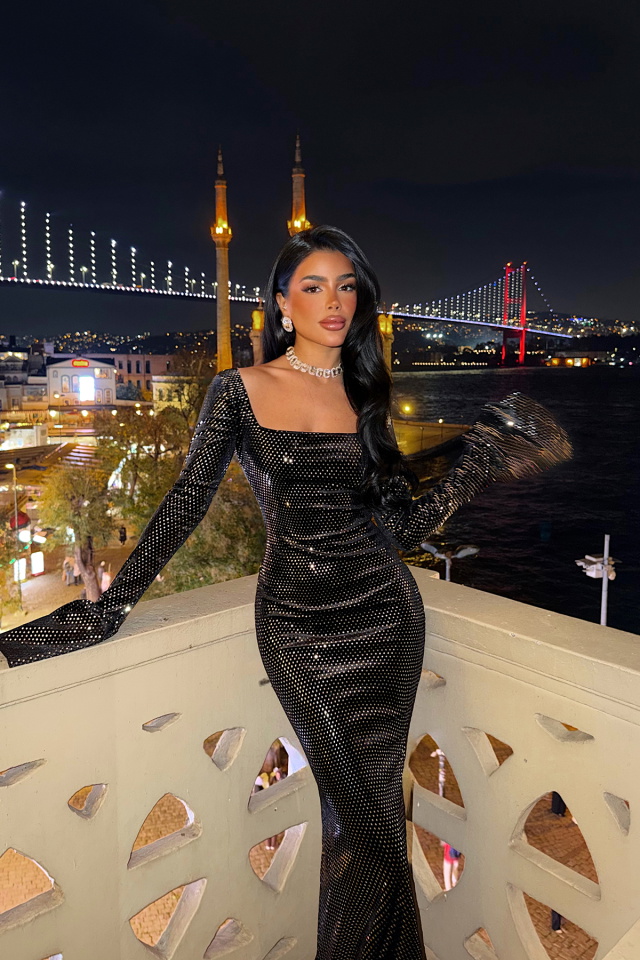 Siyah Tanith uzun ışıltılı elbise ATE-4187 - 1