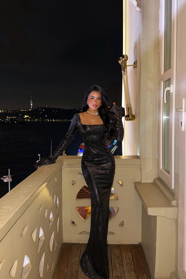 Siyah Tanith uzun ışıltılı elbise ATE-4187 - 2