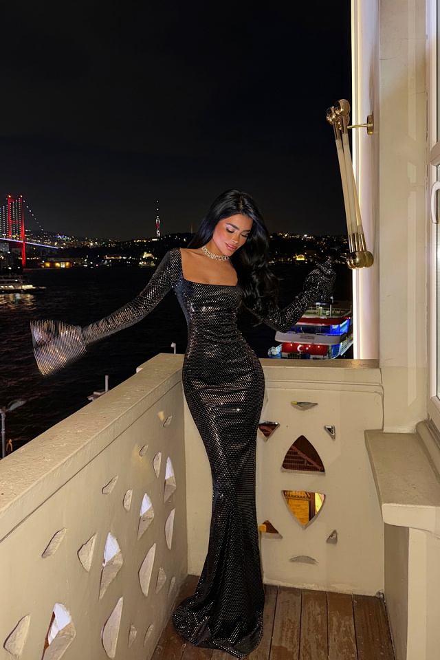 Siyah Tanith uzun ışıltılı elbise ATE-4187 - 3