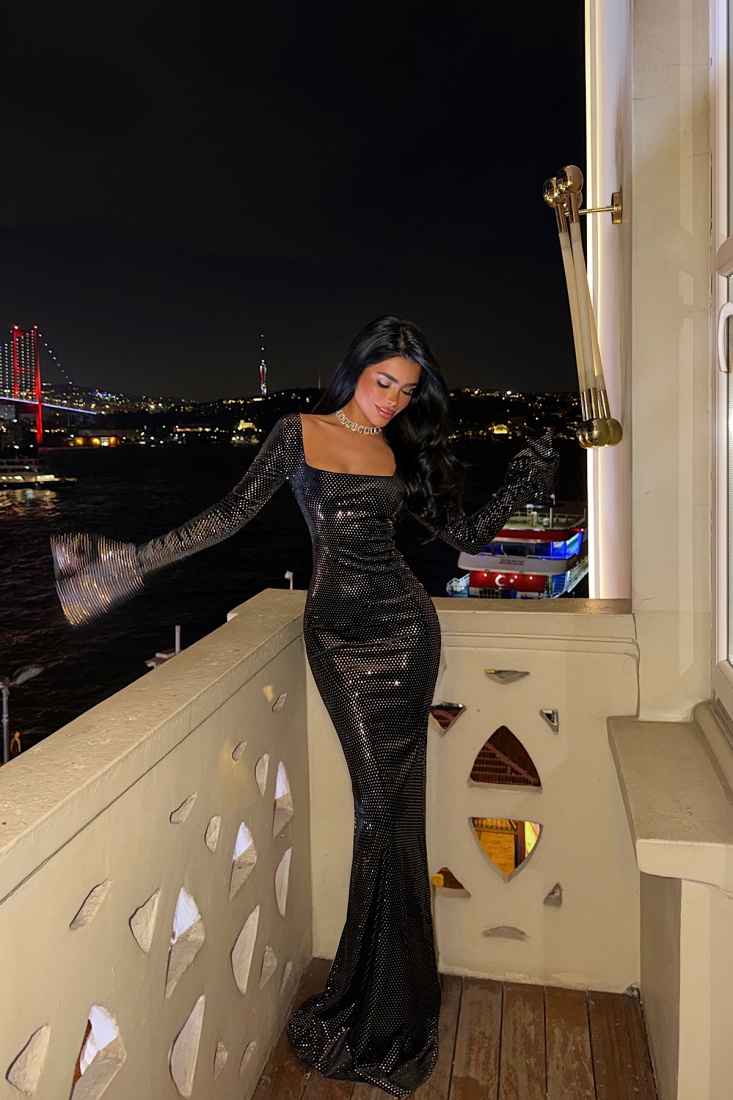 Siyah Tanith uzun ışıltılı elbise ATE-4187 - EYYO