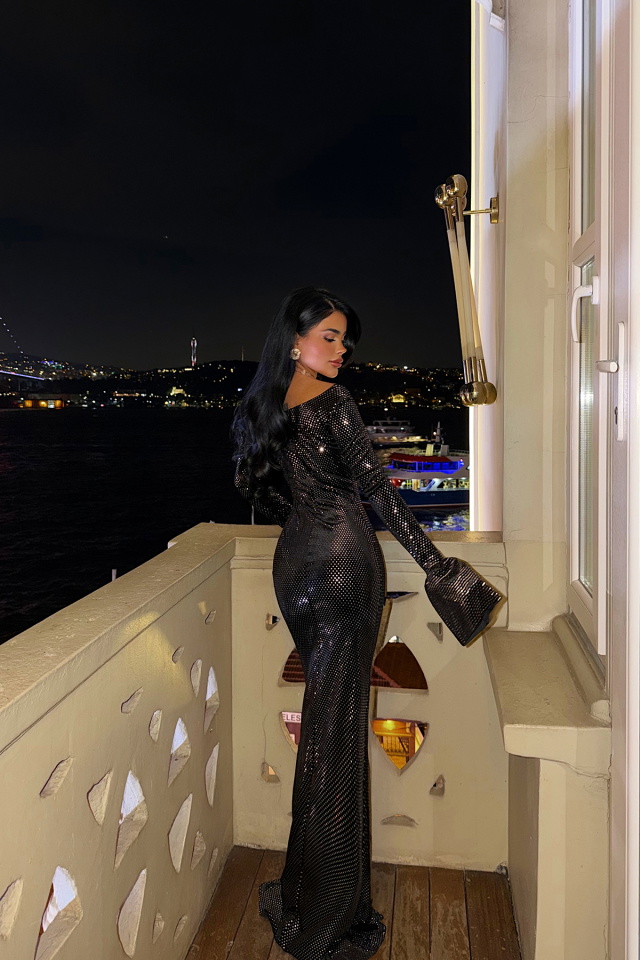 Siyah Tanith uzun ışıltılı elbise ATE-4187 - 4