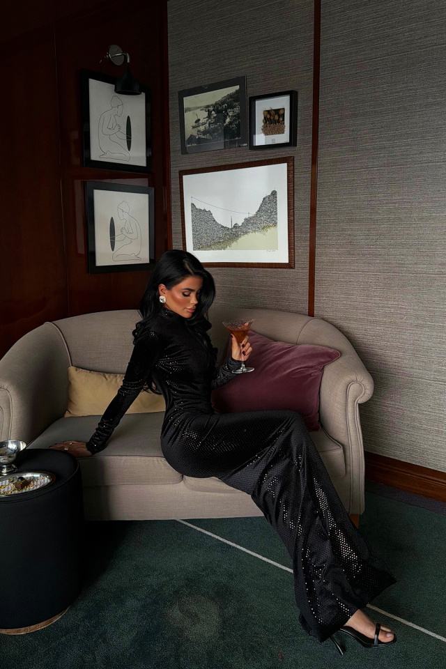 Siyah Pul Uzun Kollu Elbise ATE-4016 - 2