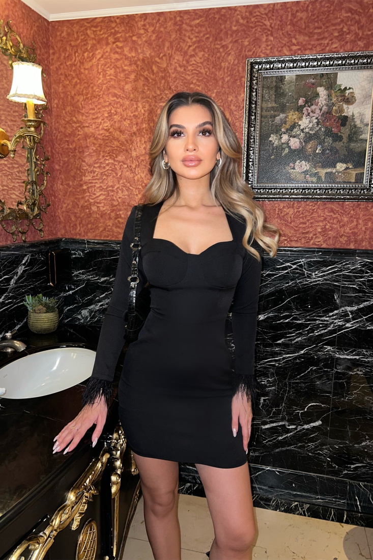 Siyah Püskül Detay Mini Elbise ATE4139 - EYYO