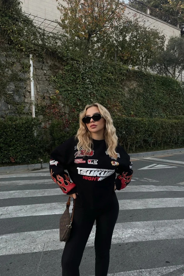 Siyah Racing Baskılı Sweatshirt ATE-0025 - 3