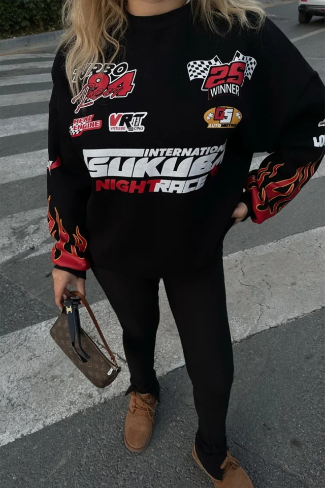 Siyah Racing Baskılı Sweatshirt ATE-0025 - 2