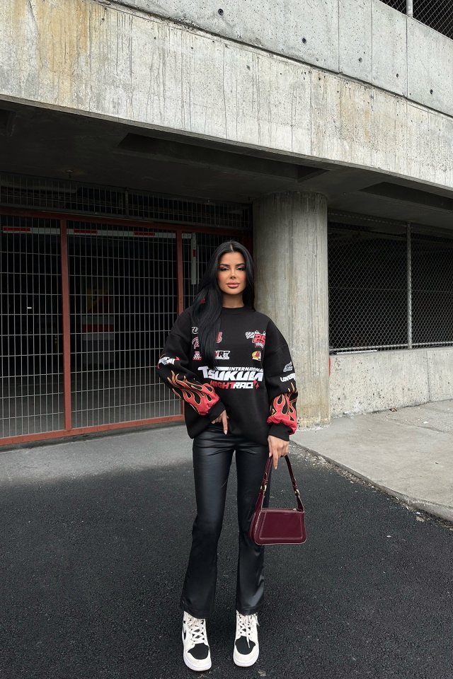 Siyah Racing Baskılı Sweatshirt ATE-0025 - 7