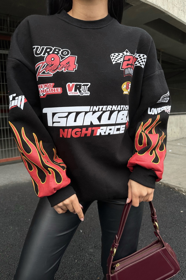 Siyah Racing Baskılı Sweatshirt ATE-0025 - 5