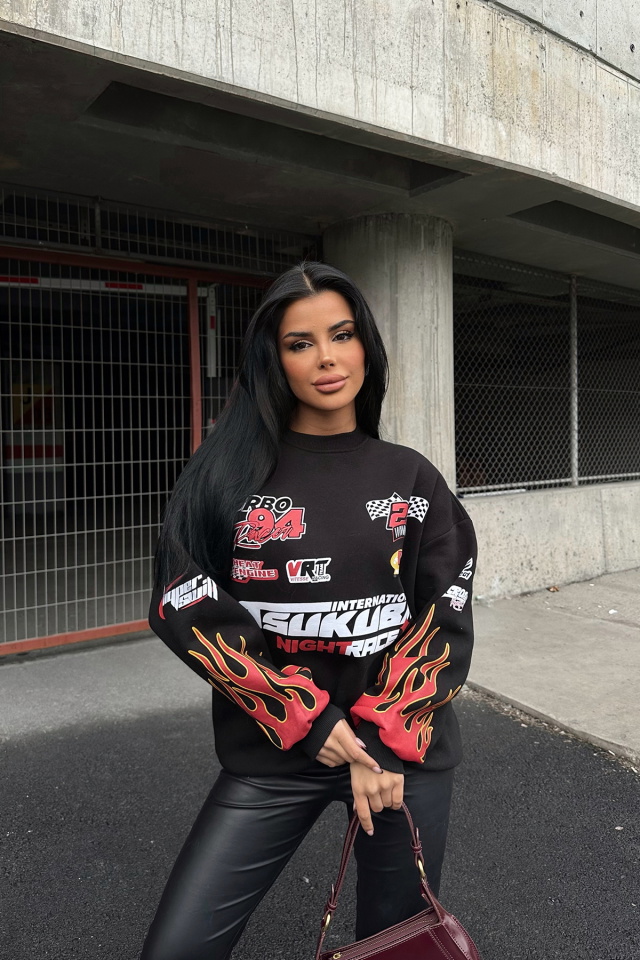 Siyah Racing Baskılı Sweatshirt ATE-0025 - 4