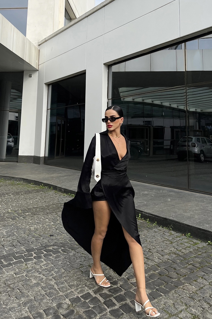 Siyah Saten Gömlek Yaka Elbise ATE2193 - EYYO