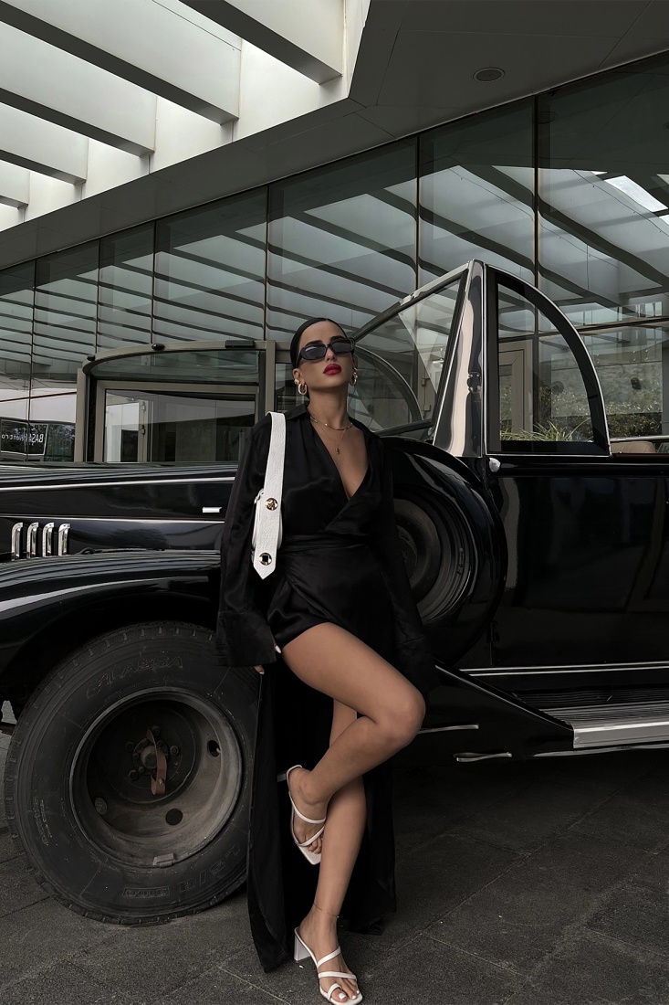 Siyah Saten Gömlek Yaka Elbise ATE2193 - EYYO