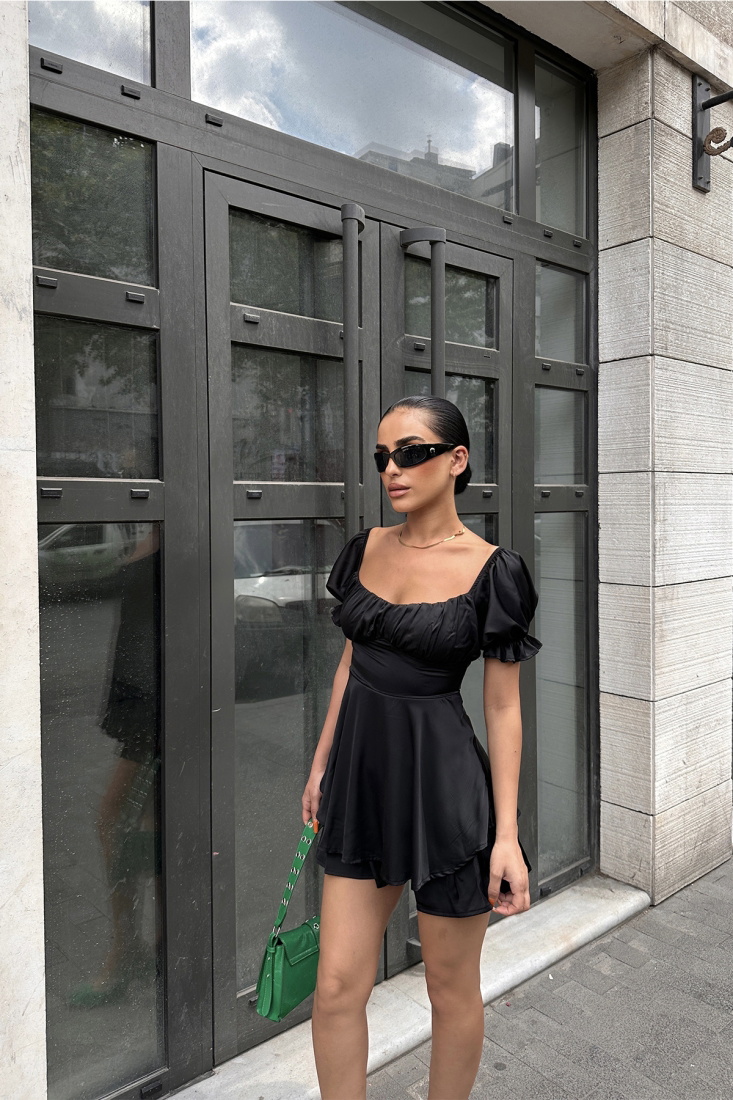 Siyah Saten Mini Elbise ATE7433 - EYYO