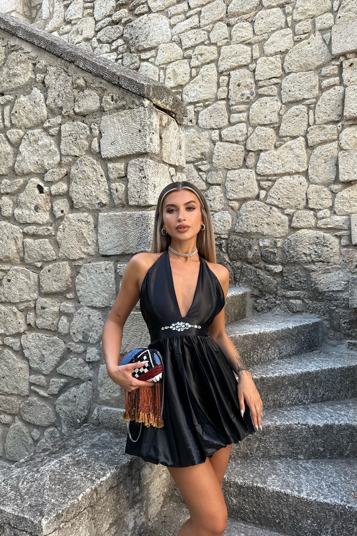 Siyah Saten Mini Elbise ATEL2076 - EYYO