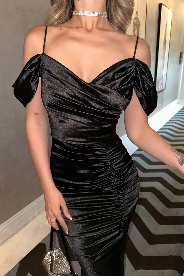 Siyah Saten Uzun Abiye ATE6514 - ARİN