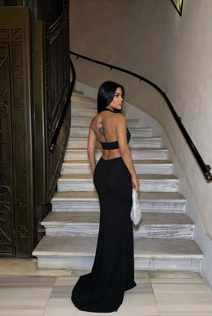 Siyah Seamed Uzun Elbise ATE-3474 - EYYO