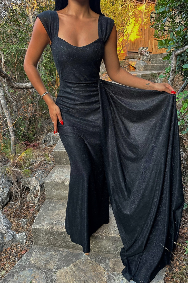 Siyah Simli Uzun Abiye Elbise ATE7688 - EYYO