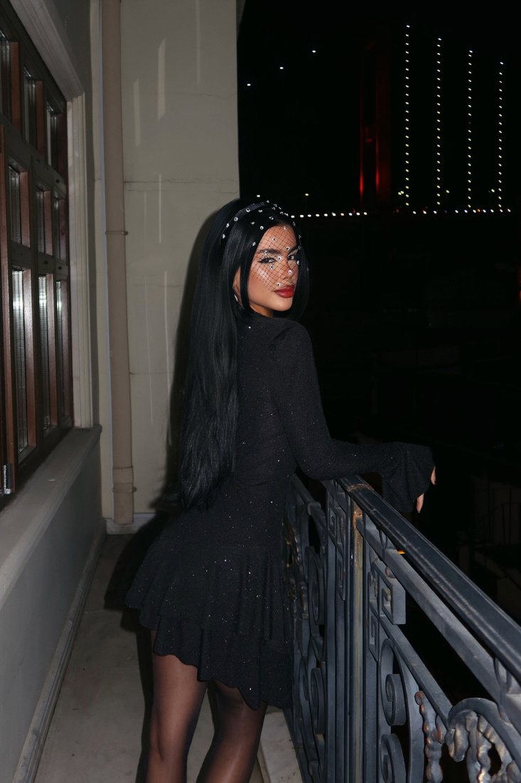 Siyah Simli V Yaka Mini Elbise ATE-1703 - EYYO