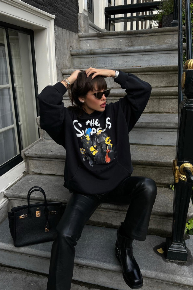 Siyah Önü Baskılı Hoodie Sweat ATE2264 - 9