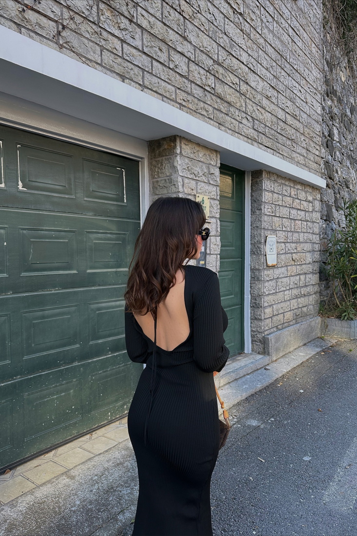 Siyah Sırt Detay Bağlamalı Uzun Elbise ATE3994 - EYYO