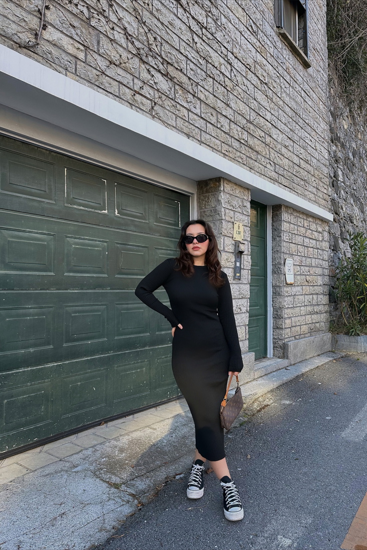 Siyah Sırt Detay Bağlamalı Uzun Elbise ATE3994 - EYYO