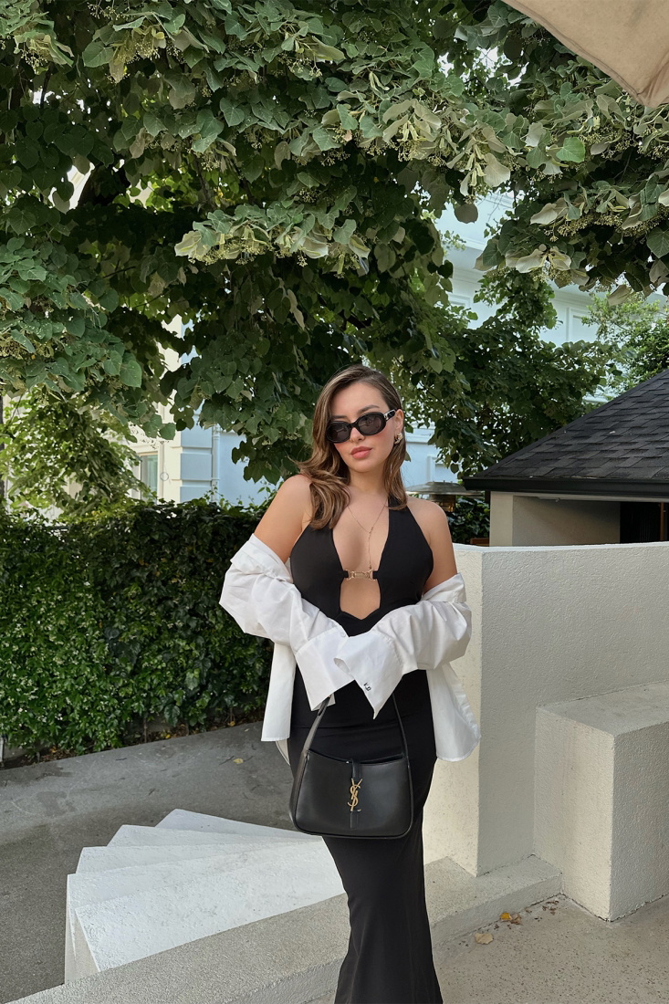 Siyah Sırt Detay Bağlamalı Uzun Elbise ATE7139 - EYYO