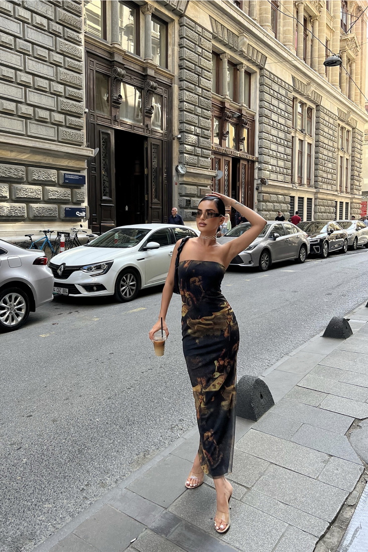 Siyah Tül Detay Straplez Uzun Elbise ATE7193 - EYYO