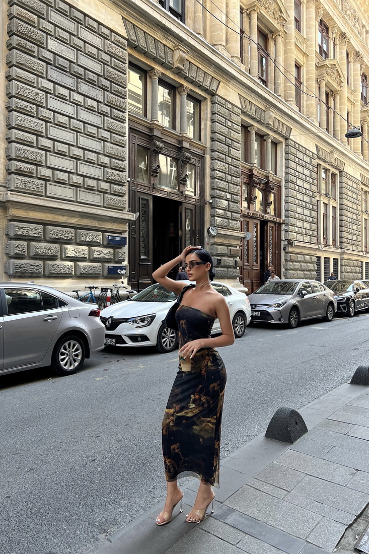 Siyah Tül Detay Straplez Uzun Elbise ATE7193 - EYYO