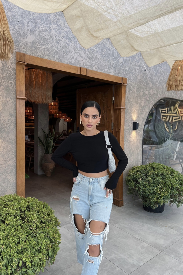 Siyah Sırtı Taş Detay Crop Top ATE2617 - EYYO